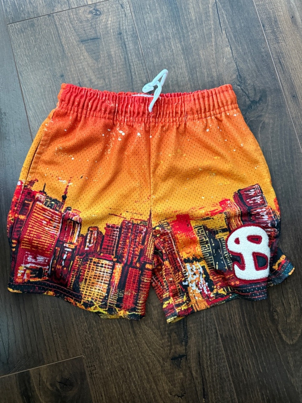 Kids Orange & Red City-Print Athletic Shorts- city skyline- YM